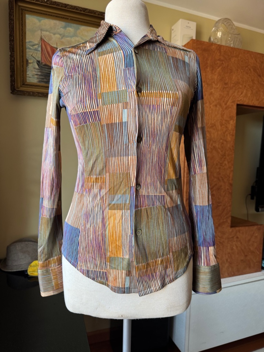 Multi-Color Italian Striped Patchwork Button-Down Blouse